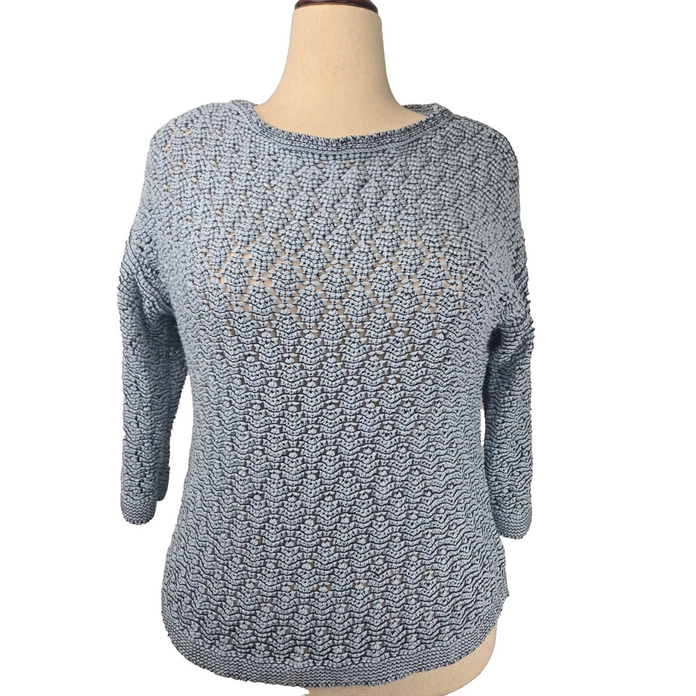 Chico's Size 2 LARGE Blue 3/4 Sleeve Open Knit Top Sweater
